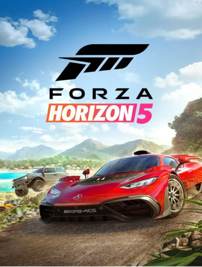 Forza Horizon 5 gameplay showcasing high-speed racing in a stunning open-world Mexico setting.  A sleek sports car drifting on a dirt road in Forza Horizon 5 with realistic graphics.