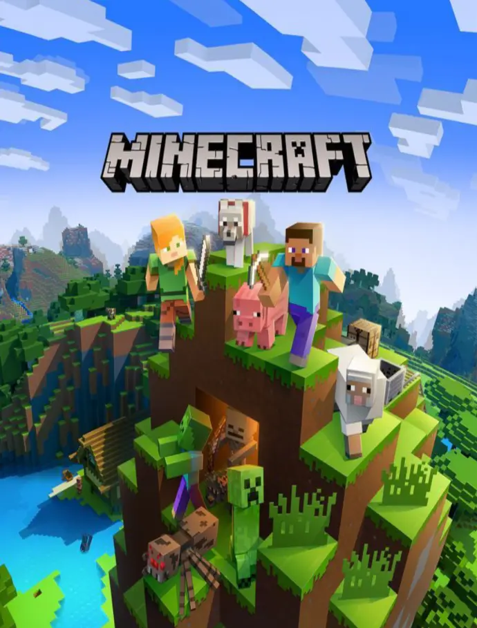 Minecraft gameplay showing a player building a house in a blocky, pixelated world.     A Minecraft character exploring a vast open world with trees, mountains, and animals.
