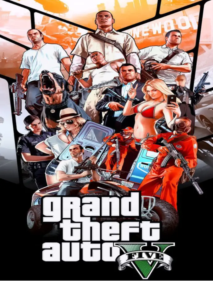 GTA 5 gameplay showing an open-world city with fast cars and action-packed scenes.  Trevor, Michael, and Franklin standing together in Grand Theft Auto V promotional art.