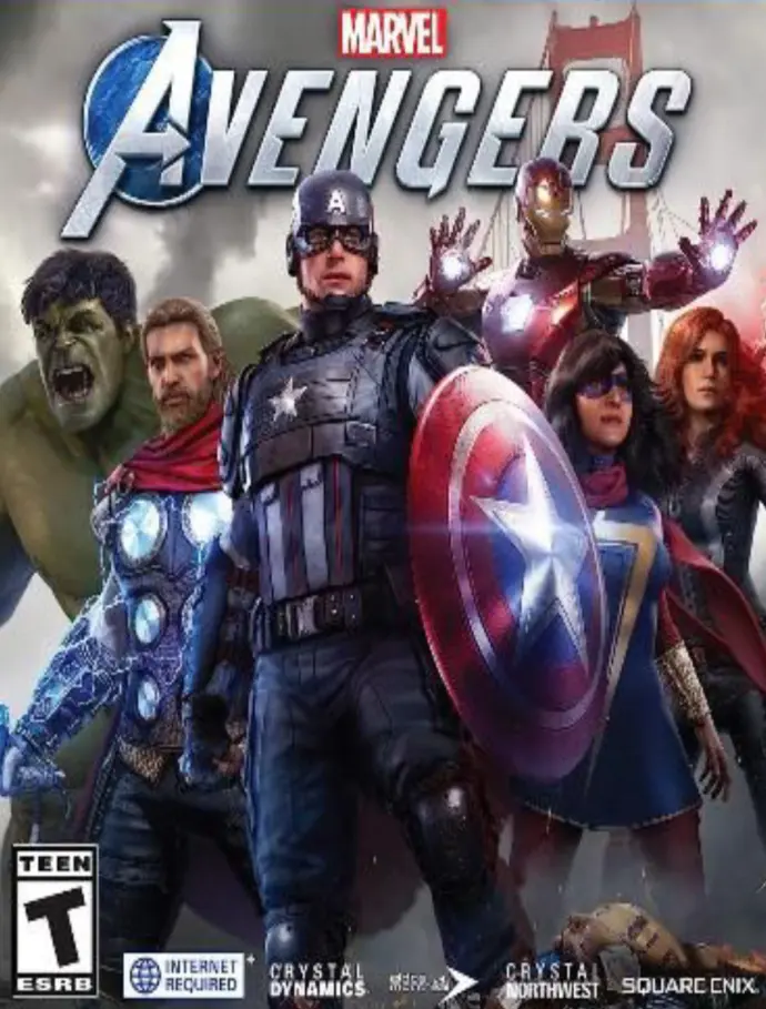 Marvel's Avengers gameplay featuring superheroes in action-packed combat.  The Avengers team, including Iron Man, Thor, and Captain America, ready for battle.