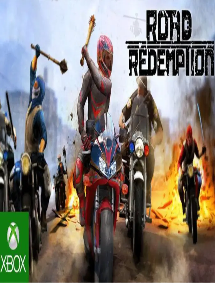 Road Redemption gameplay featuring high-speed motorcycle racing with intense combat.             A biker wielding a weapon while racing on a highway in Road Redemption.