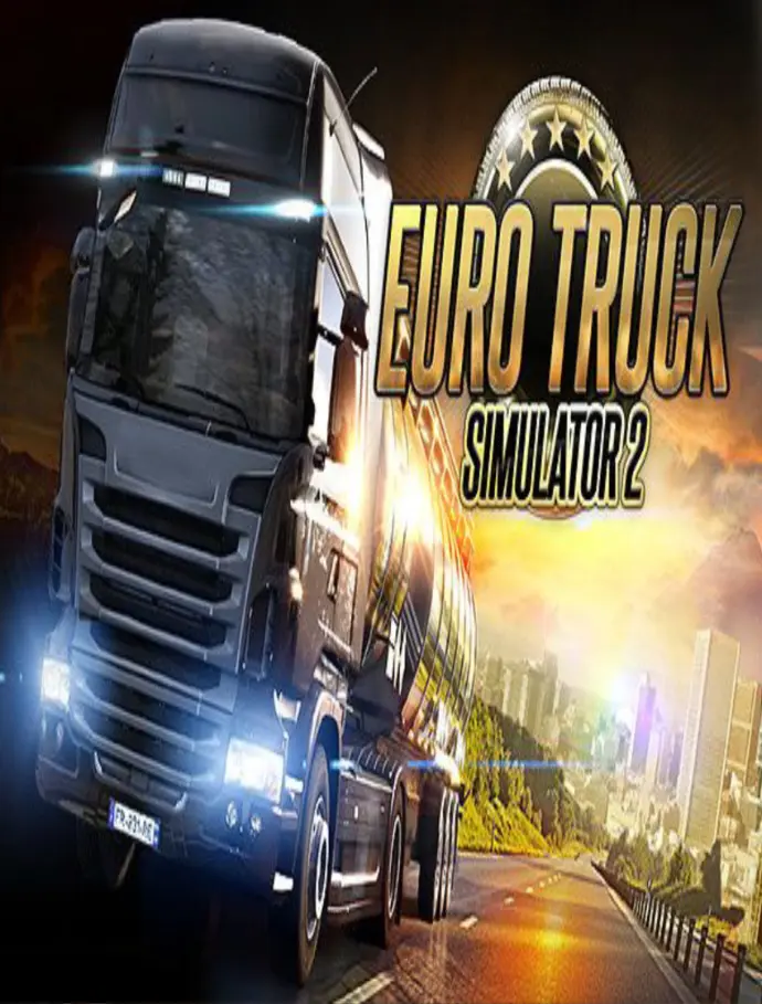 Euro Truck Simulator 2 gameplay showing a truck driving on a scenic highway. A detailed truck cabin view in Euro Truck Simulator 2 with realistic road surroundings.